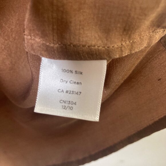 Womens Talbots Slub Silk Ruffle V Neck Blouse Back Button Cap Sleeve 12 Brown - Picture 8 of 9